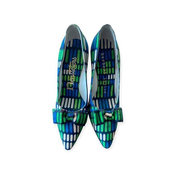 Vintage Herbert Levine Pumps |1960s Mod| Blue Green Geometric, Bow | Size 5.5A - Picture 5 of 14
